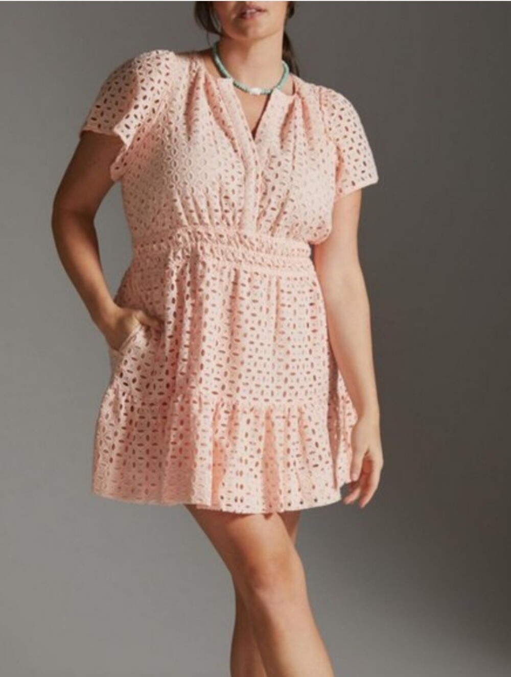 Anthropologie Women Somerset Eyelet Mini Dress 1X Pink Cotton Boho Romantic